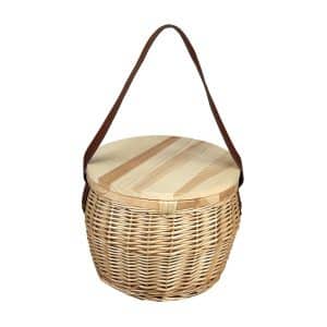 A wicker cooler basket in natural tones with a wooden lid and a brown shoulder strap. It features a branding logo.