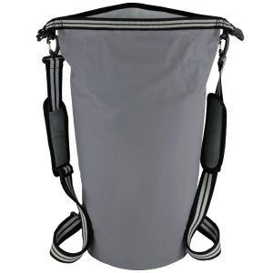 A grey waterproof cooler backpack with adjustable shoulder straps and a branded logo.