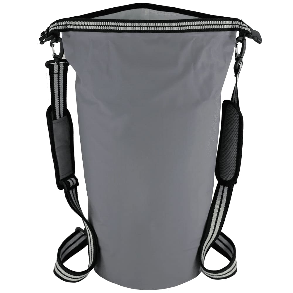 A grey waterproof cooler backpack with adjustable shoulder straps and a branded logo.