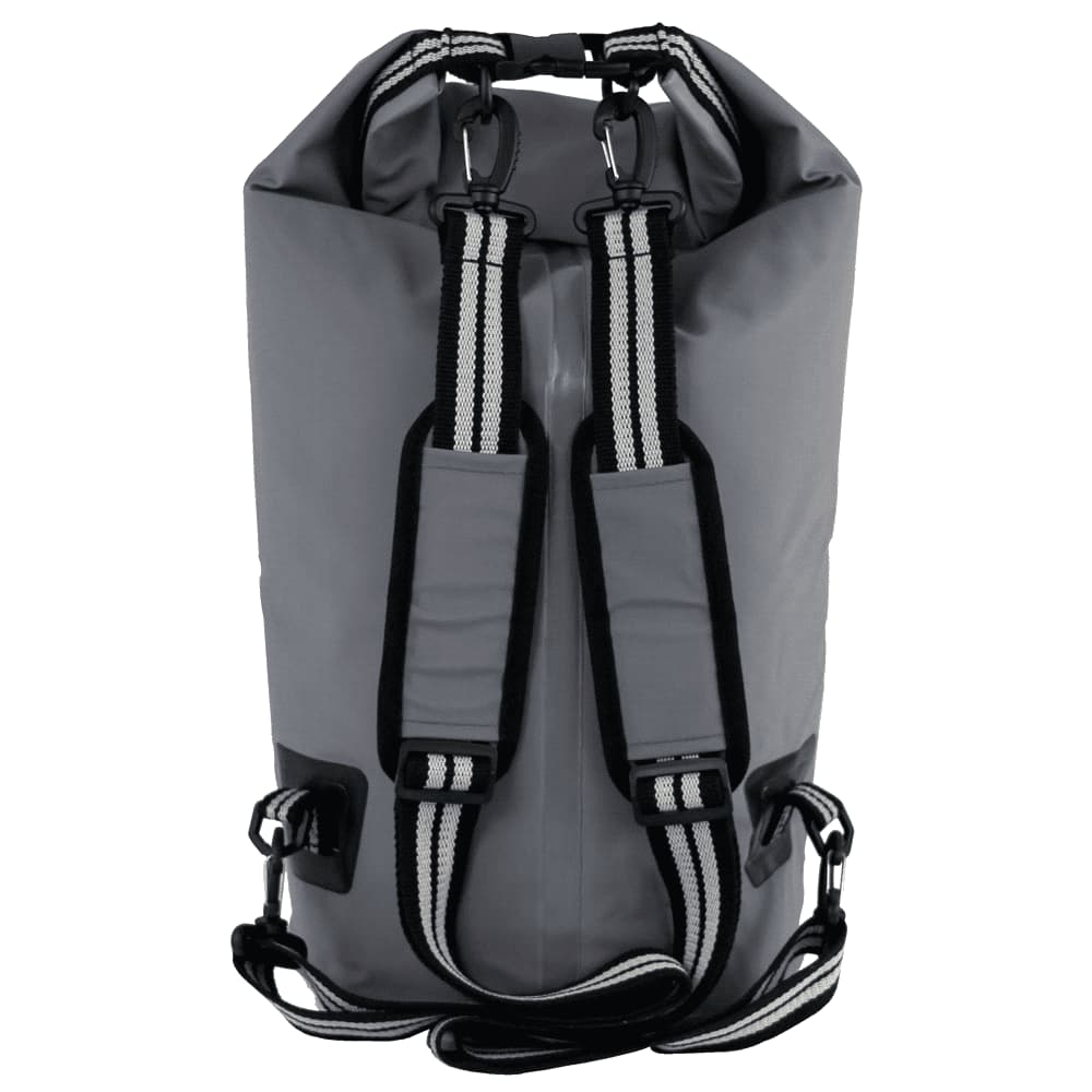 A grey waterproof cooler backpack with adjustable straps and a secure closure. It features a logo.