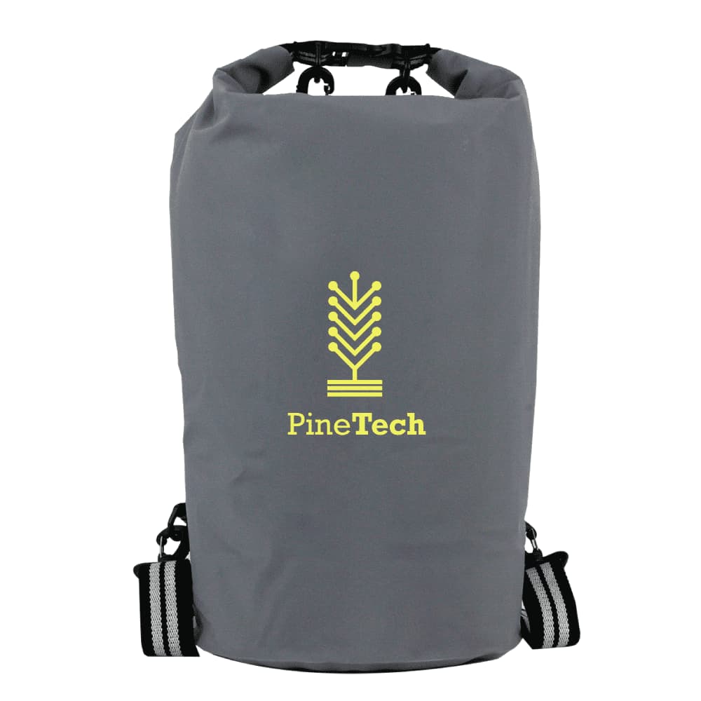 A grey waterproof cooler backpack with adjustable straps and a logo printed on the front.