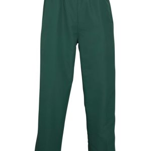 Green track pants featuring an elastic waistband and side pockets. The design includes a logo on one leg.