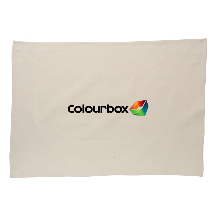 A cotton tea towel in cream colour featuring a logo design.
