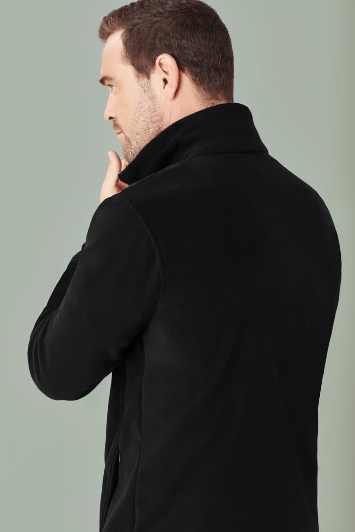 A black micro fleece jacket featuring a collar, shown from the back, with a logo on the sleeve.