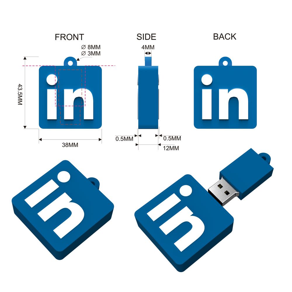 A blue, square USB flash drive with a logo on the front and side. It features a detachable connector for data transfer.