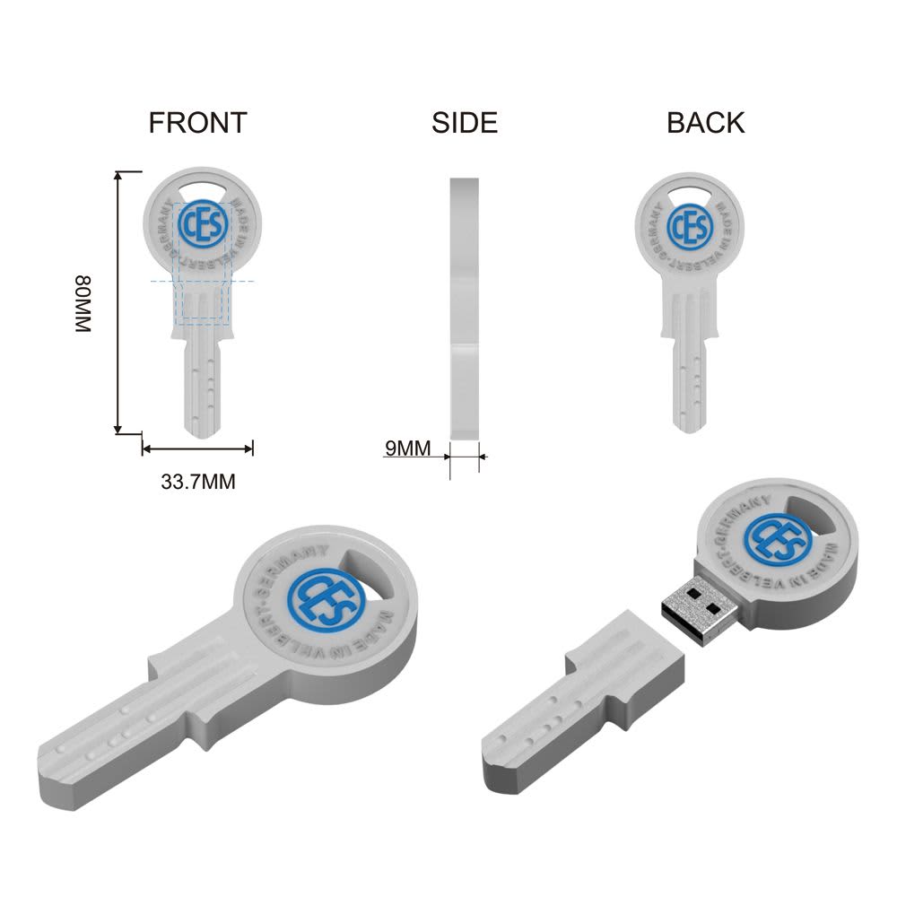 A white, key-shaped USB flash drive with a logo, viewed from the front, side, and back.