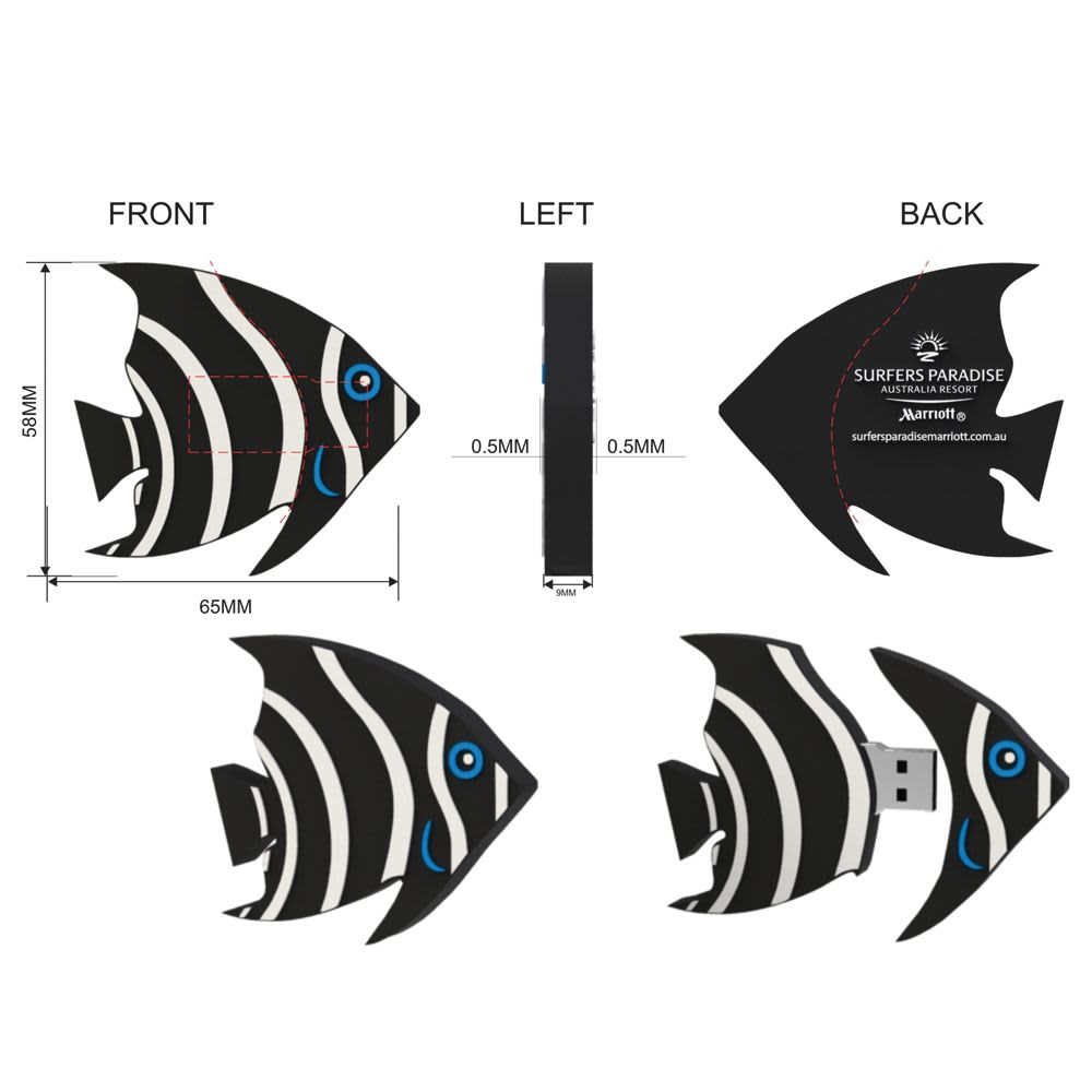 A black and white patterned USB flash drive shaped like a fish, featuring blue accents and a logo.