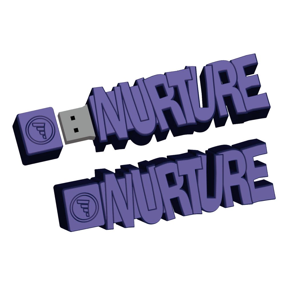 A purple 2D custom USB flash drive shaped like the word 