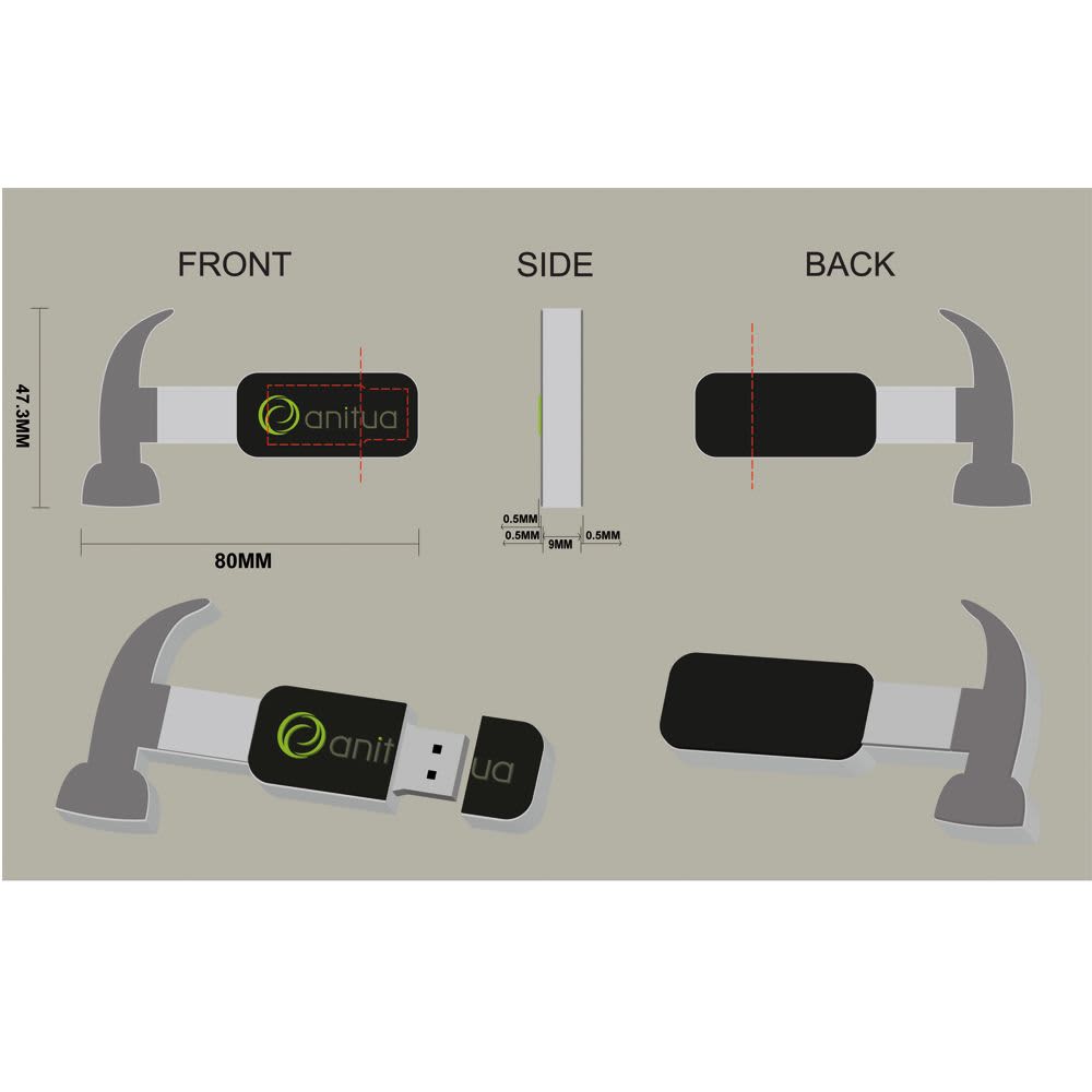 A 2D custom USB flash drive in black with logo, shown from front, side, and back views, measuring 80mm.