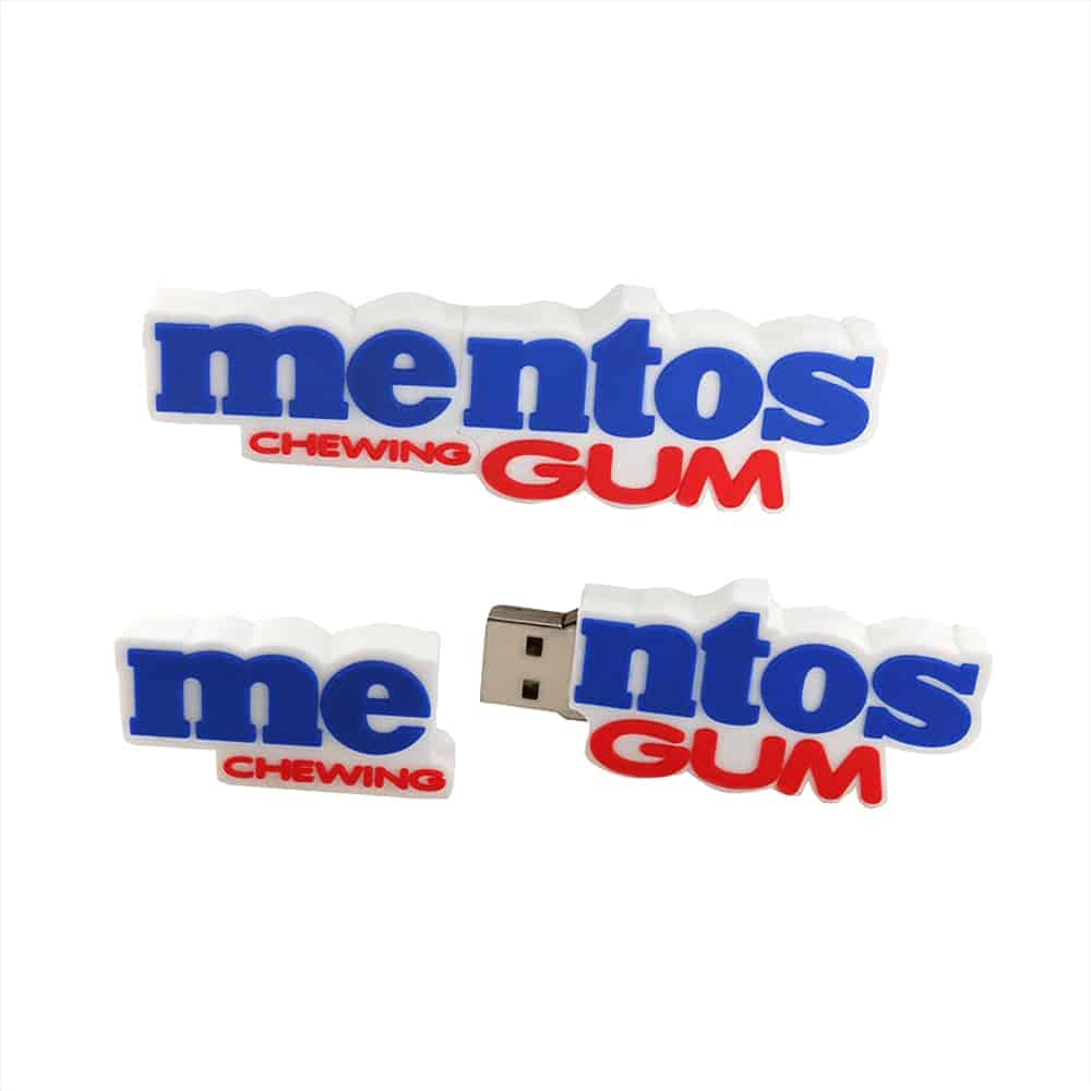 A white and blue USB flash drive shaped like the Mentos gum logo, featuring the words 