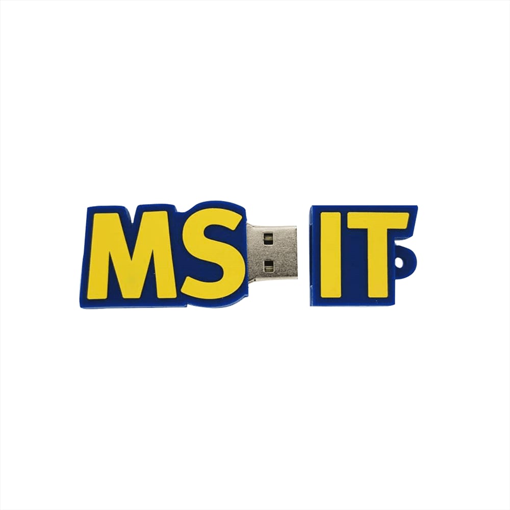 A blue and yellow 2D custom USB flash drive with the letters 