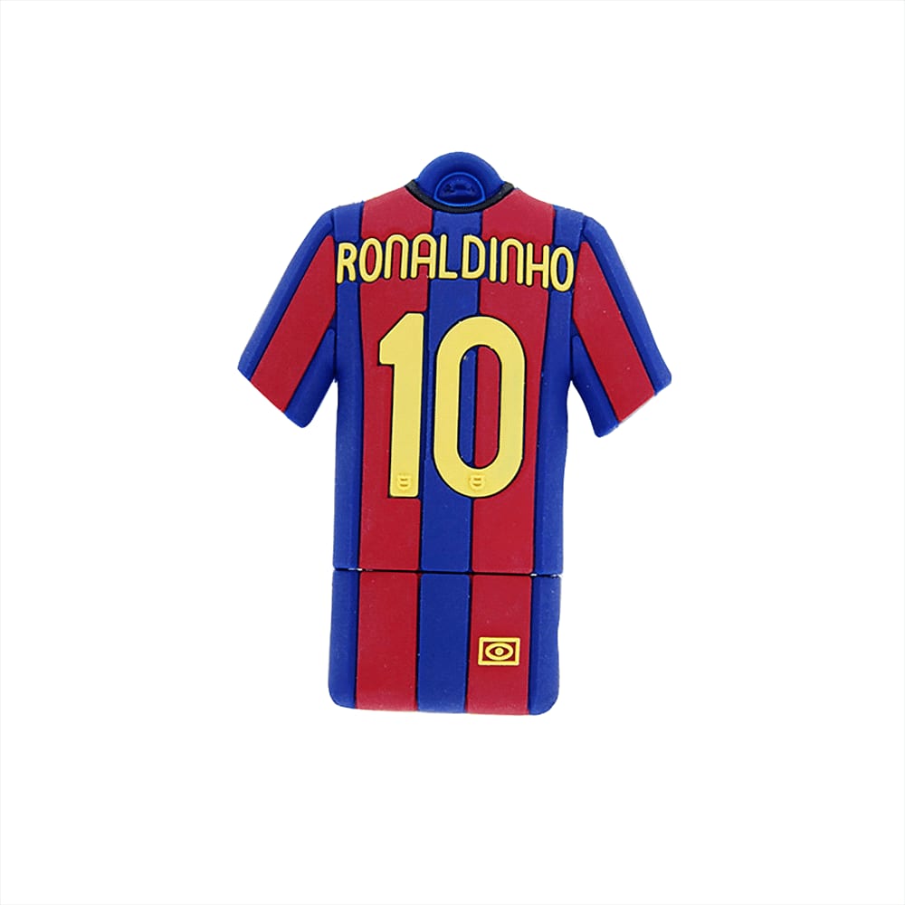 A custom USB flash drive in the shape of a blue and red football jersey, featuring the name 
