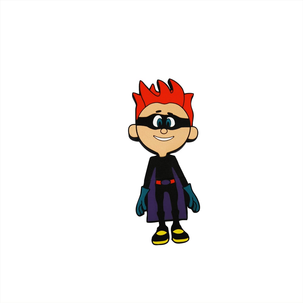 A cartoon character with red spiky hair, wearing a black outfit, gloves, and yellow shoes, stands smiling.