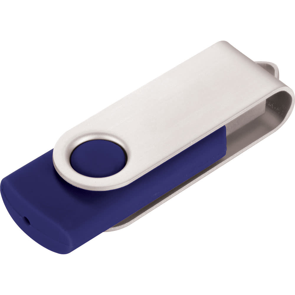 A silver and black USB flash drive with a swivel design, featuring a logo on its surface.