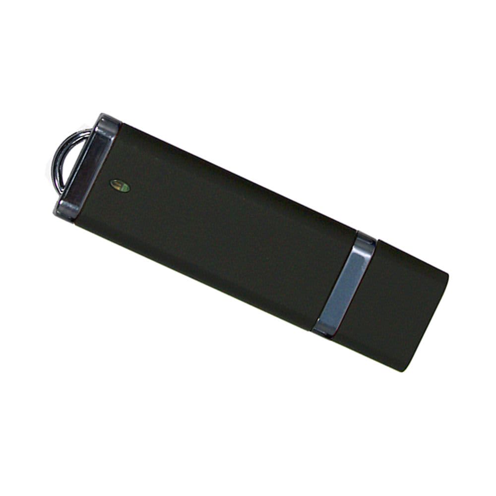 A black USB flash drive with a sleek design and a metal ring for attachment. It has a logo on the side.