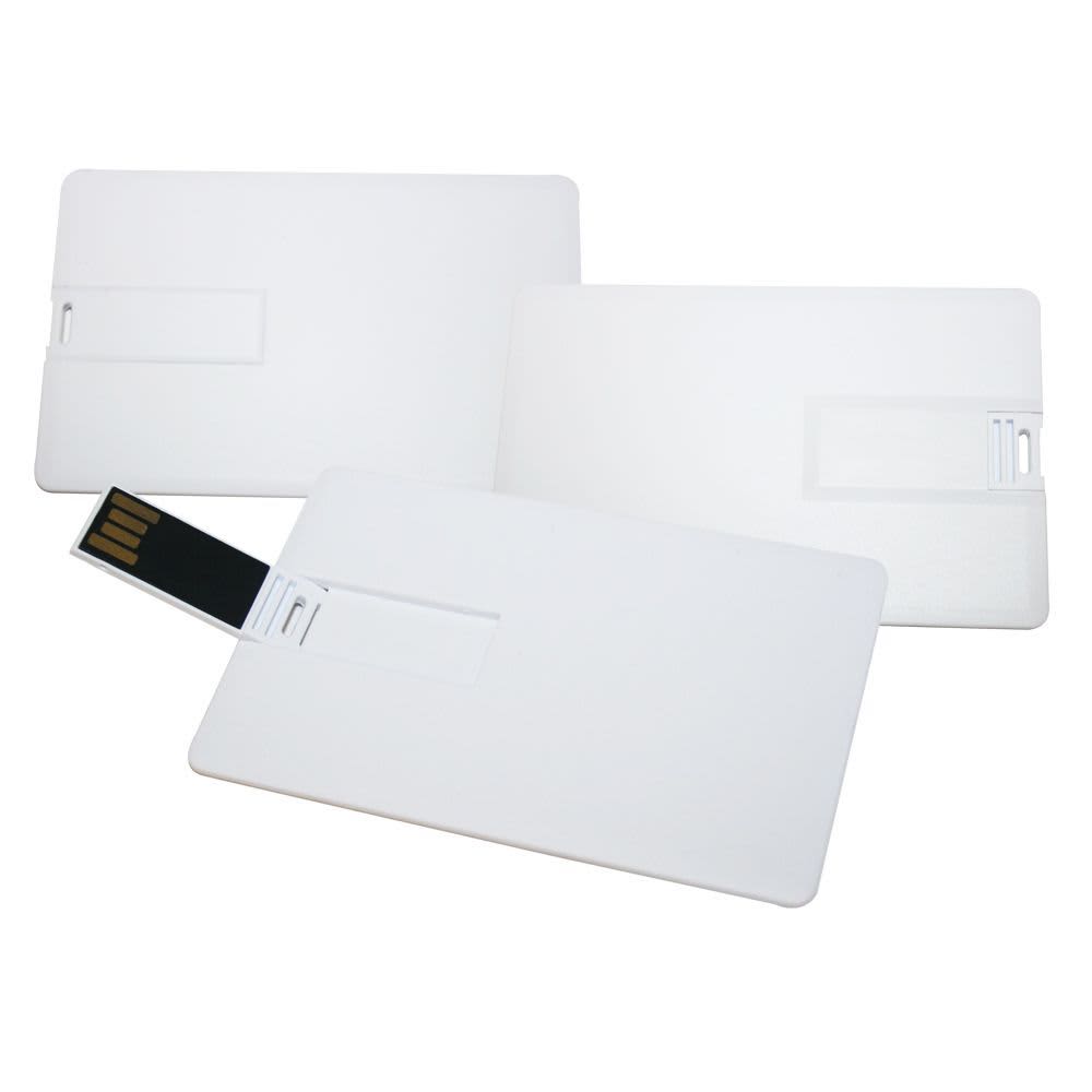 A set of three white Superslim Credit Card USB flash drives, with one partially inserted into its slot.