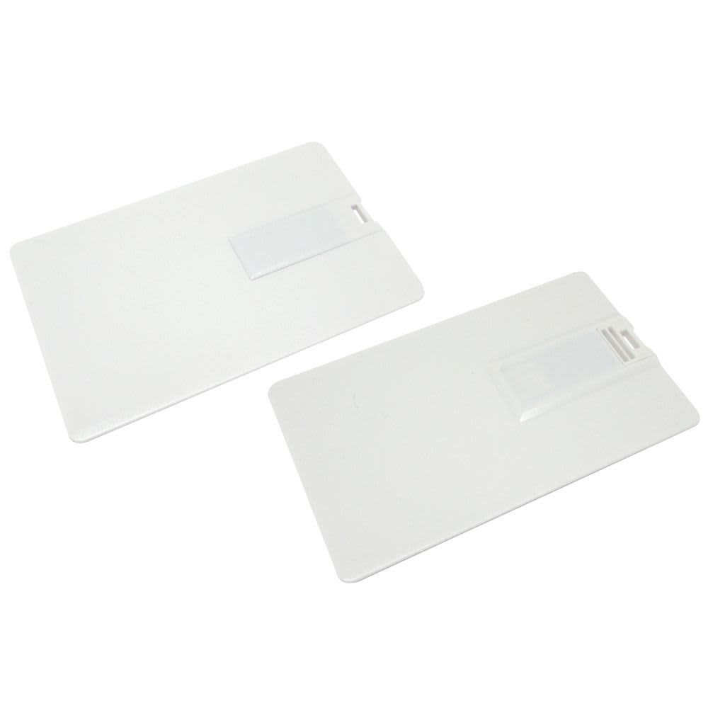 A pair of white Superslim Credit Card USB drives, each with a small slot for connection.