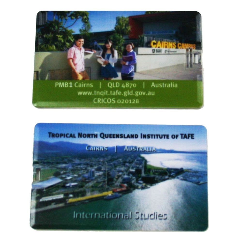 Two promotional cards featuring images of Cairns, Australia, with a logo and text related to the Tropical North Queensland Institute of TAFE.