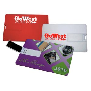 Three Superslim Credit Card USB drives in red, white, and purple designs, featuring a logo and a sliding USB connector.