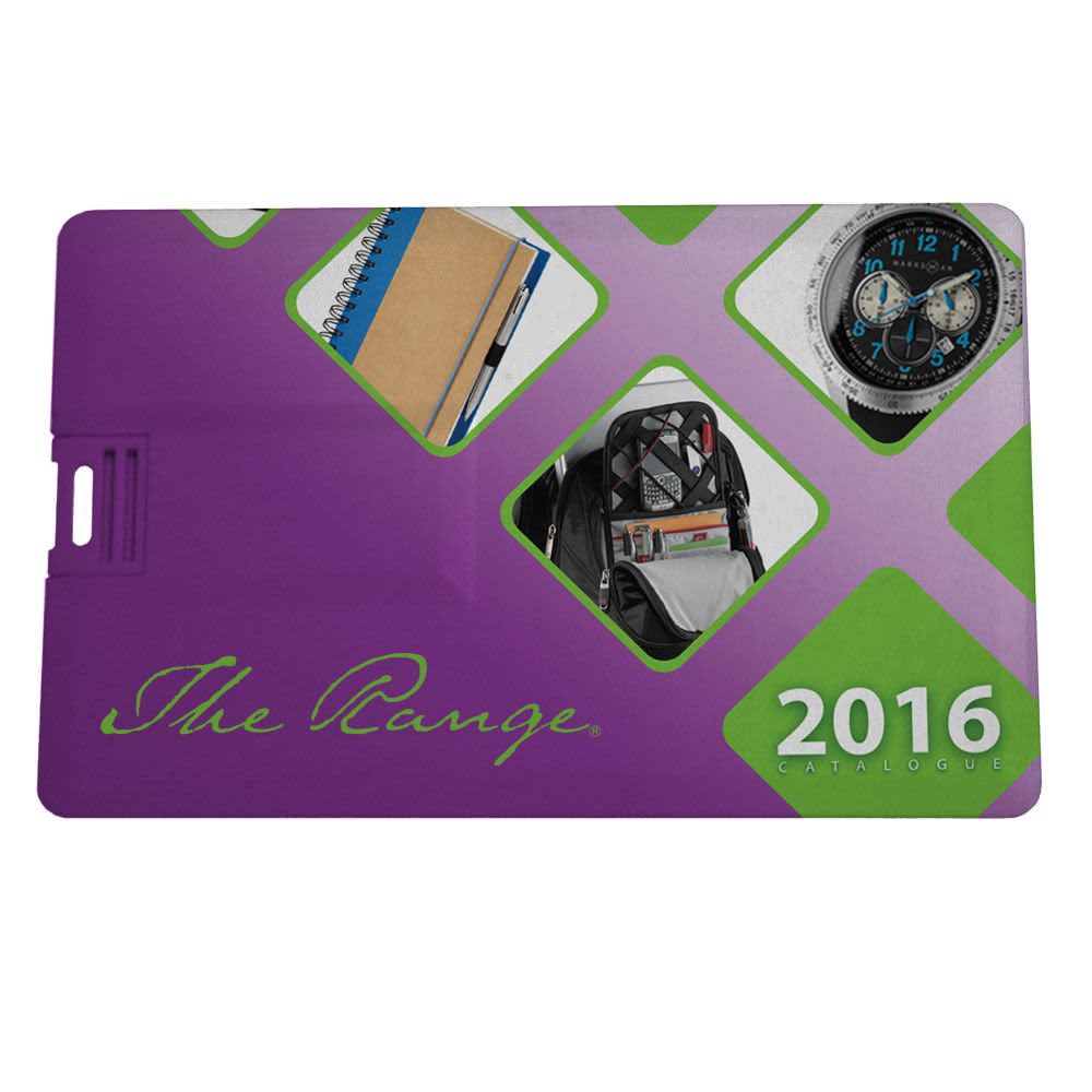 A purple credit card-sized USB flash drive with a sleek design and a logo on it.