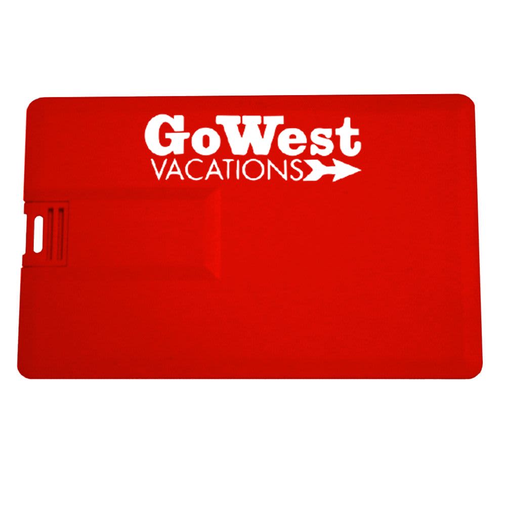 A red credit card-sized USB flash drive with a slot and a logo displayed prominently.