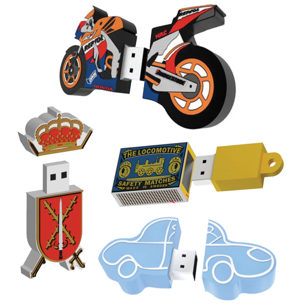 A collection of custom-shaped USB flash drives in vibrant colours, including a motorcycle, a car, and various designs with logos.