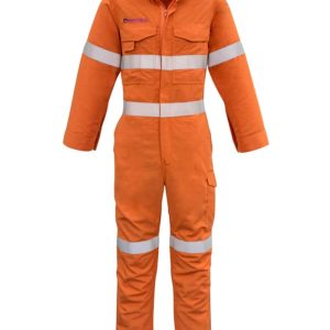 An orange overall with reflective tape, featuring a zip front, pockets, and long sleeves, designed for workwear.