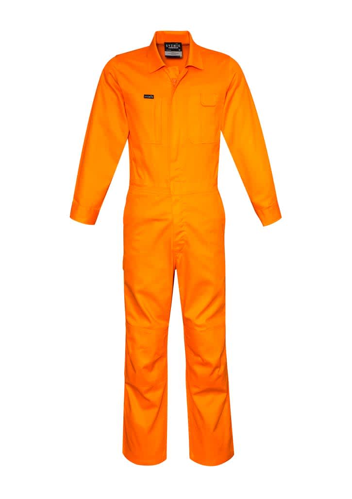 An orange lightweight cotton drill overall featuring long sleeves, a front pocket, and a logo.