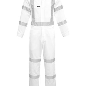A white overall featuring reflective stripes, complete with a front zip and pockets, designed for men.