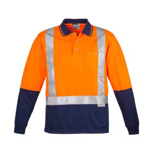 A long-sleeve polo shirt featuring high visibility orange and navy blue panels with reflective tape and a pocket.