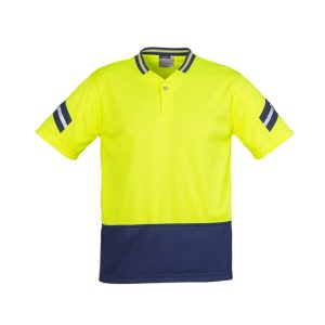 A short sleeve polo shirt in fluorescent yellow with navy blue accents and a logo. Suitable for workwear.