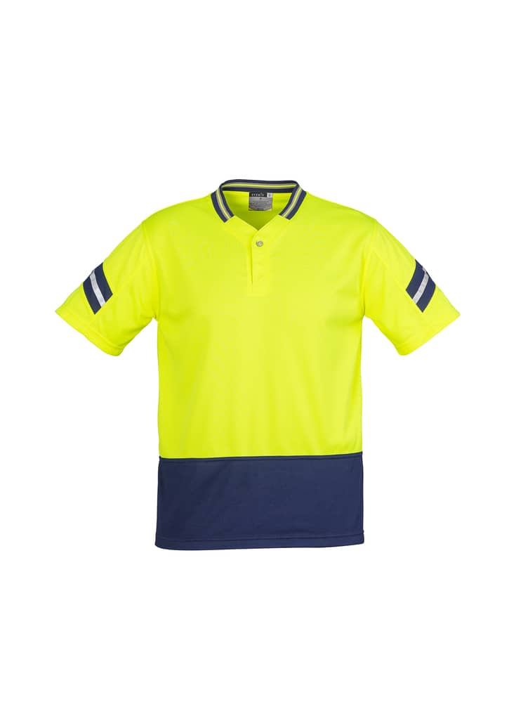 A short sleeve polo shirt in fluorescent yellow with navy blue accents and a logo. Suitable for workwear.