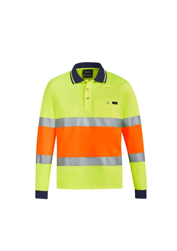 A hi-vis polo shirt in bright yellow and orange with reflective tape and a logo on the chest pocket.