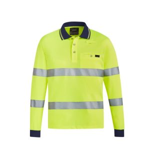 A bright yellow unisex polo shirt featuring bio-motion tape and navy blue accents, with a logo on the chest.