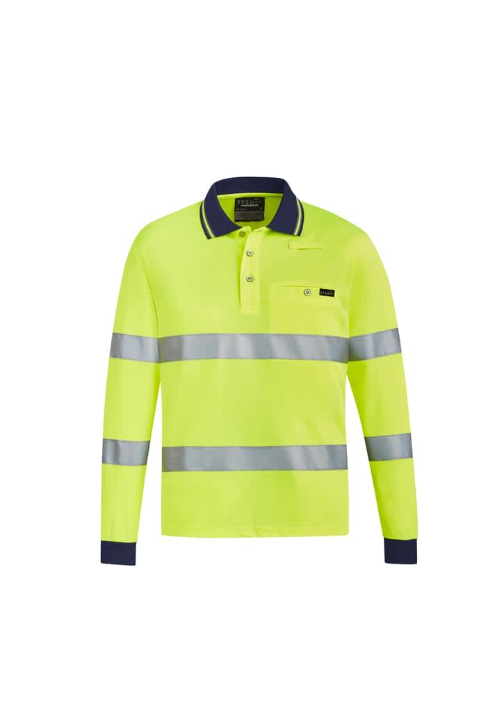 A bright yellow unisex polo shirt featuring bio-motion tape and navy blue accents, with a logo on the chest.