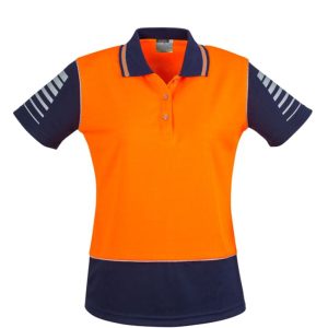 A women's short sleeve polo in high visibility orange and navy, featuring a logo on the chest and striped detailing on sleeves.