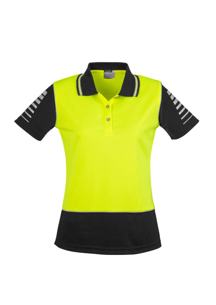 A women's short sleeve polo in hi-vis yellow and black, featuring a logo and reflective stripes on the sleeves.