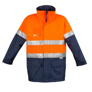 A high visibility waterproof jacket in orange and navy blue, featuring reflective strips and a logo.