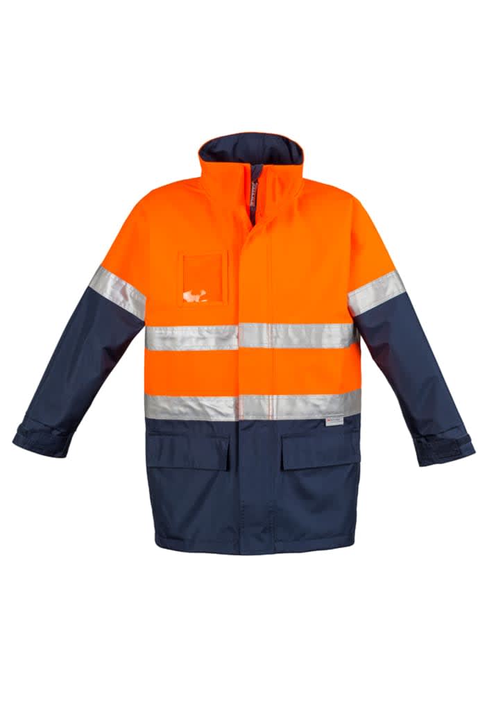 A high visibility waterproof jacket in orange and navy blue, featuring reflective strips and a logo.