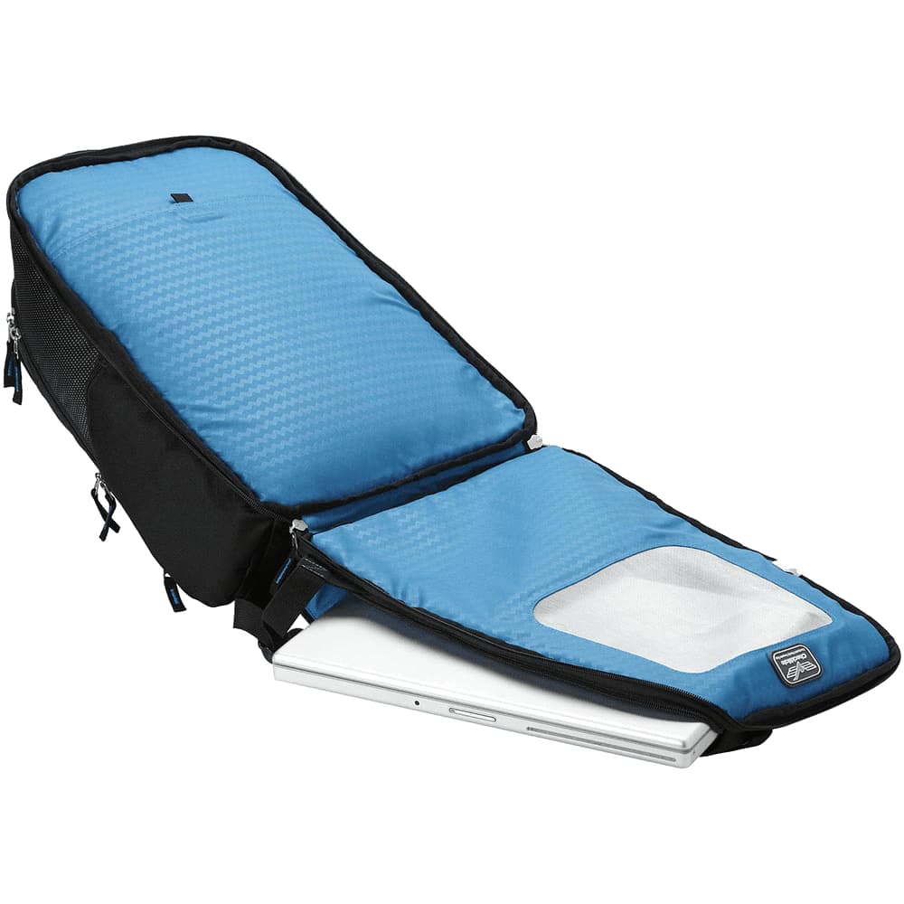 A black and grey compu-backpack with a blue interior, featuring multiple compartments for organisation.