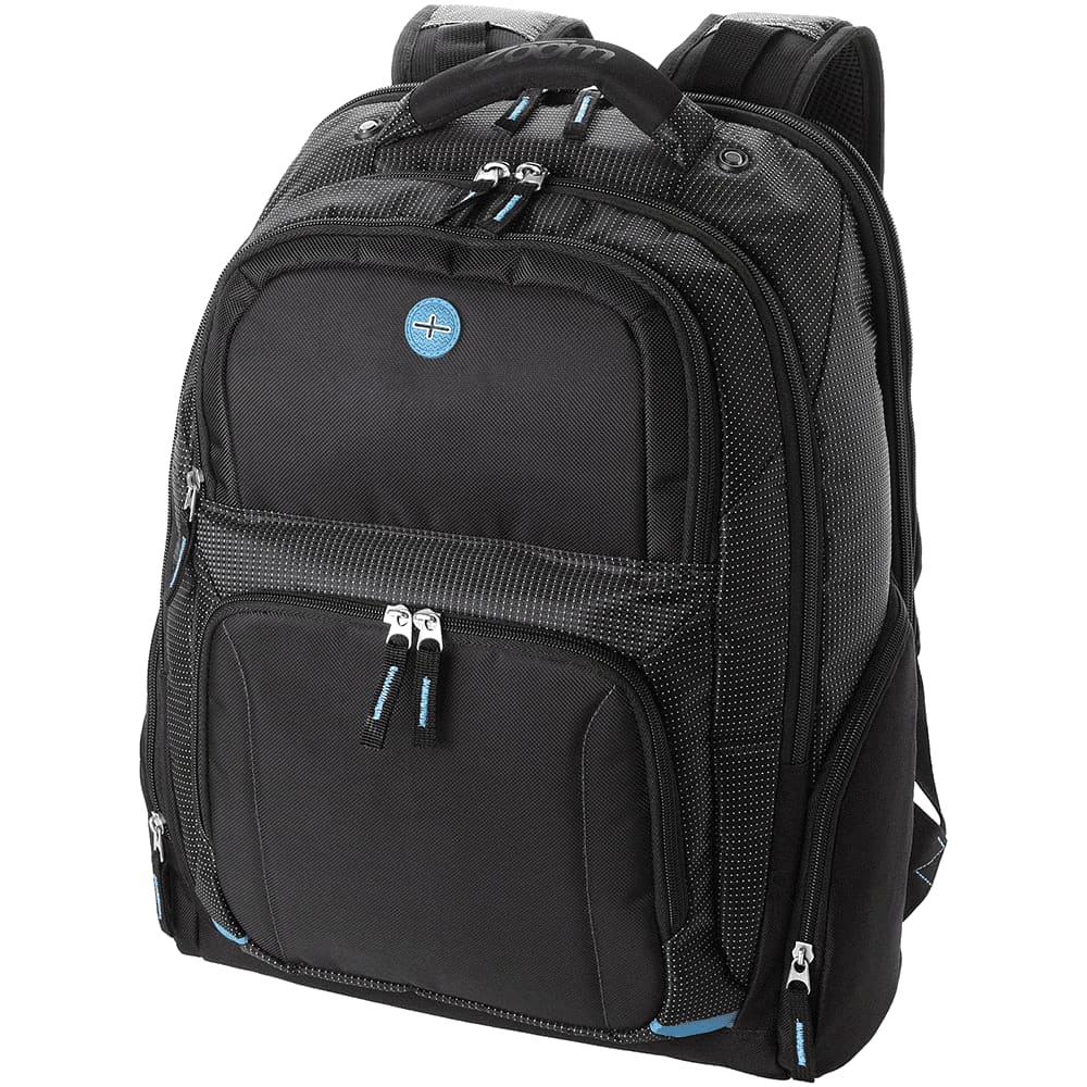 A black checkpoint-friendly laptop backpack with multiple zippered compartments and a blue accent. Features a logo.