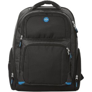 A black backpack with multiple compartments, featuring blue accents and a logo on the front.