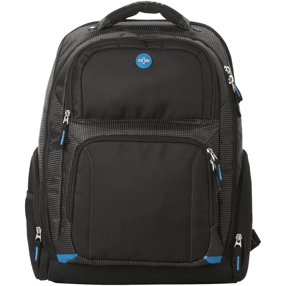A black backpack with multiple compartments, featuring blue accents and a logo on the front.