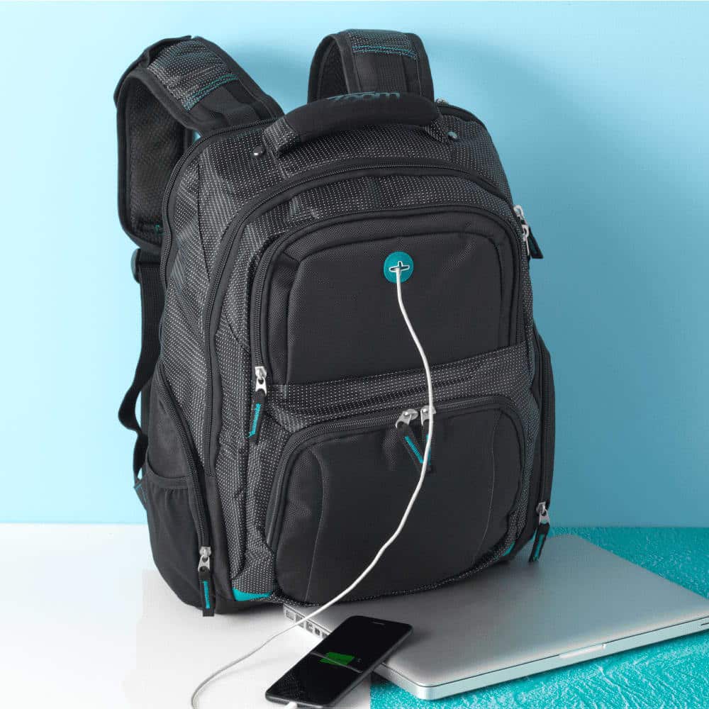 A black laptop backpack with padded straps, being held by a hand. The design includes mesh detailing.