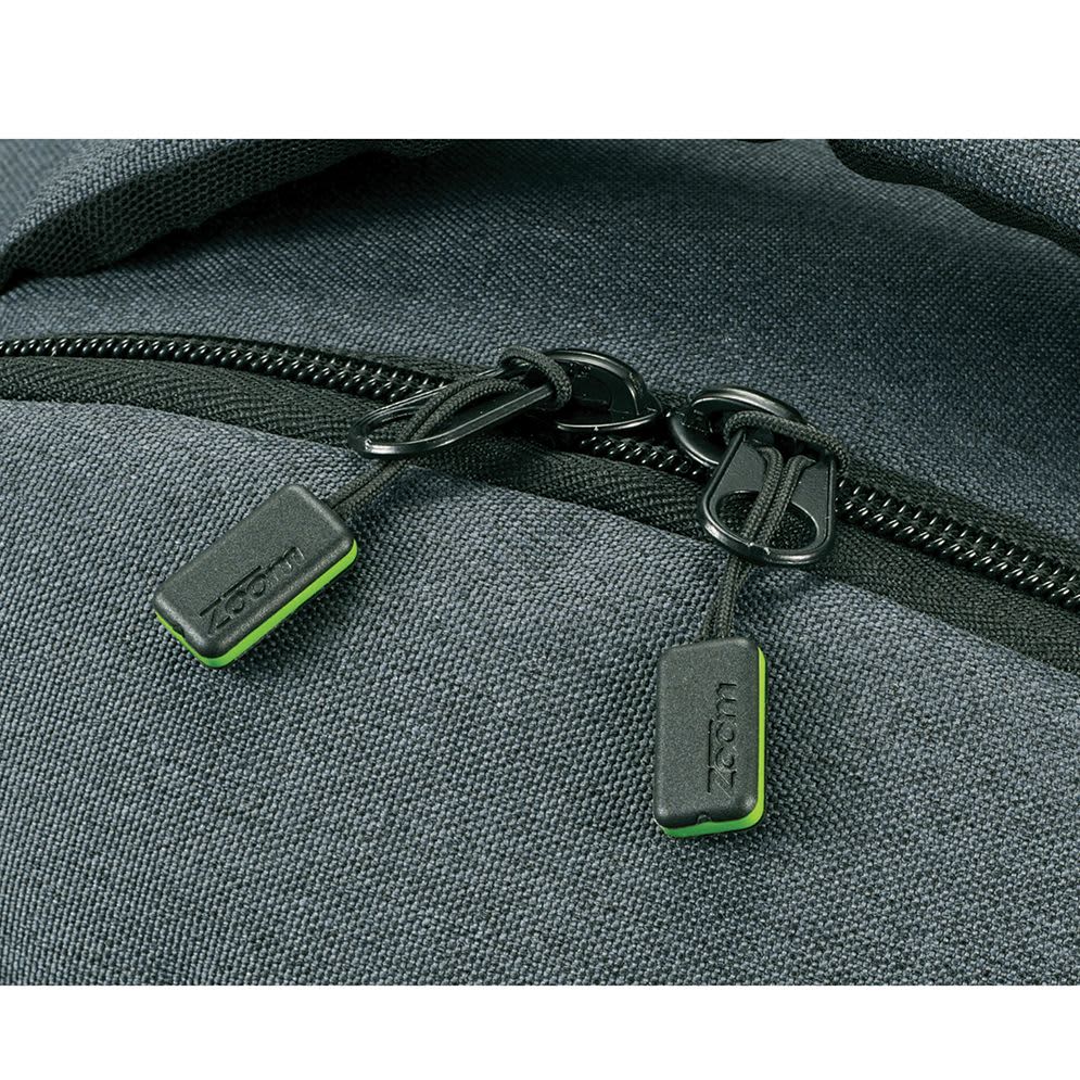 A grey laptop backpack with adjustable straps and multiple compartments, featuring a logo on the front.