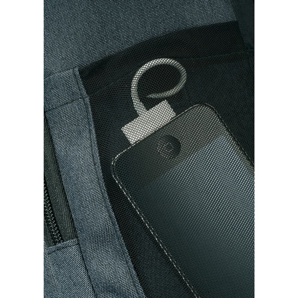 A green backpack features a white item in a pocket, with a visible charging cable. The interior has a geometric pattern.