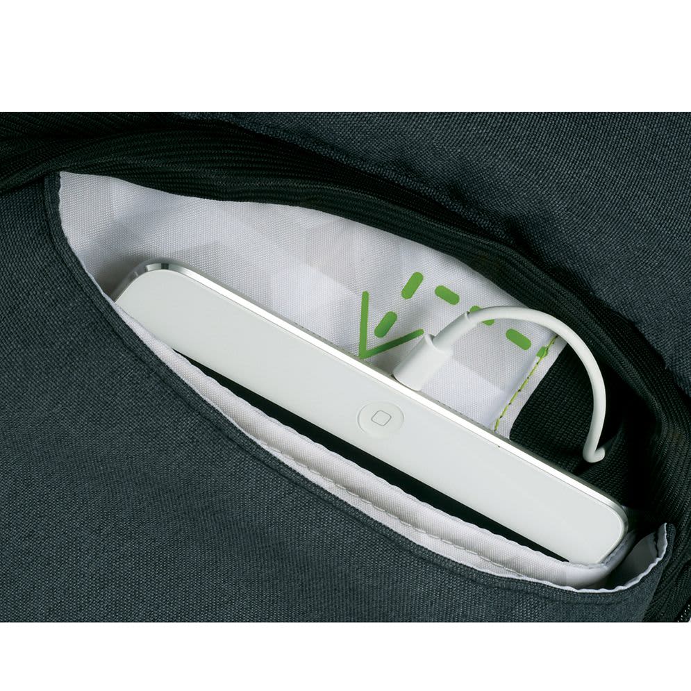 A grey laptop backpack with a zippered compartment holding a laptop, magazines, and charging cables. It has a logo.