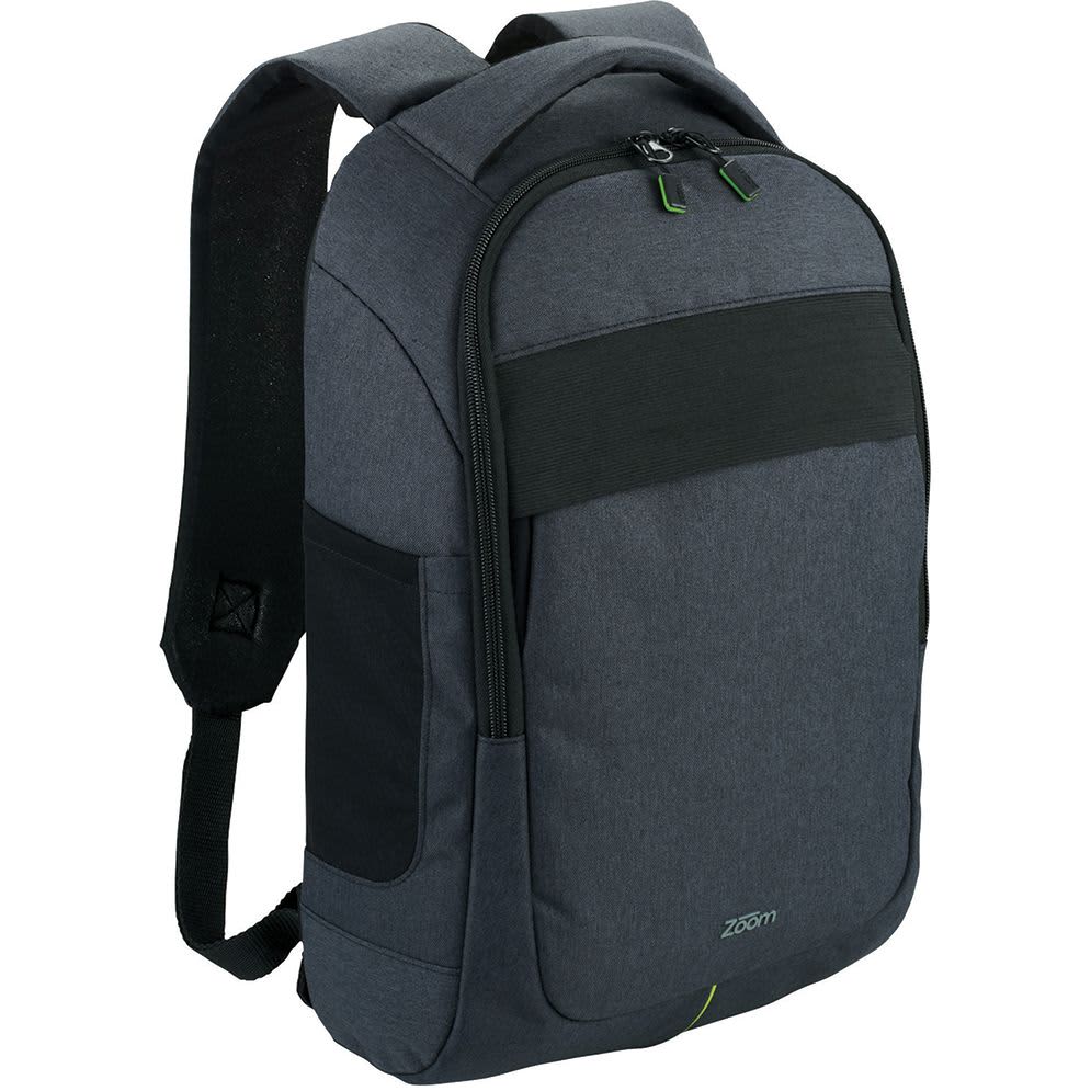 A close-up of the padded strap of a dark green laptop backpack featuring a simple logo.