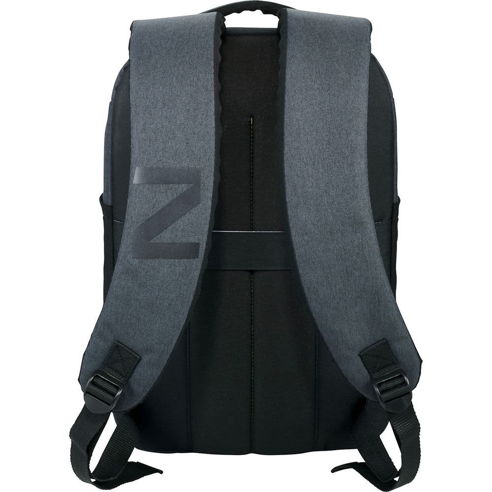 A grey laptop backpack with adjustable straps and a logo, featuring a sleek design and a front pocket.
