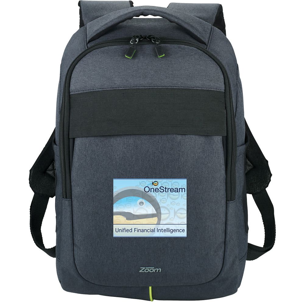 A grey backpack with a textured finish, featuring dual black zippers with green accents and a logo.